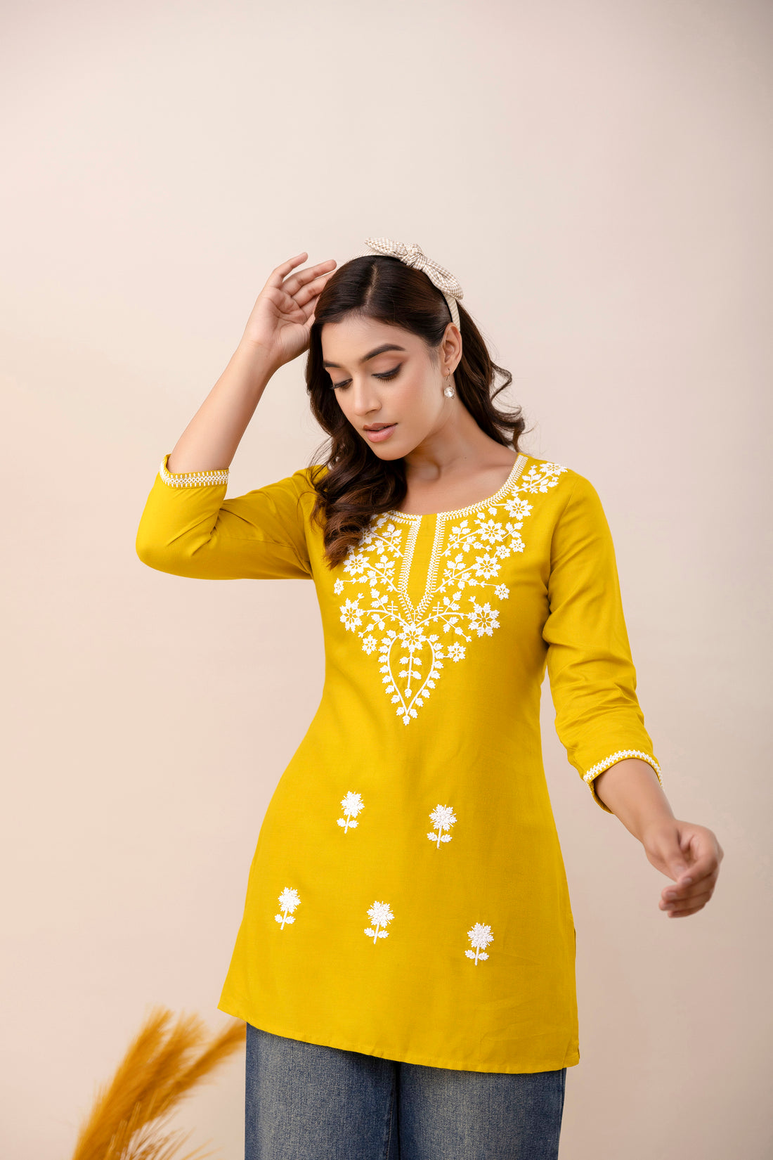 Yellow Rayon Hip Length Round Neck A-Line Top