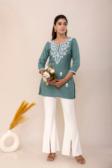 Grey Rayon Hip Length Round Neck A-Line Top