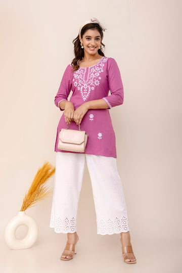 Lavender Rayon Hip Length Round Neck A-Line Top