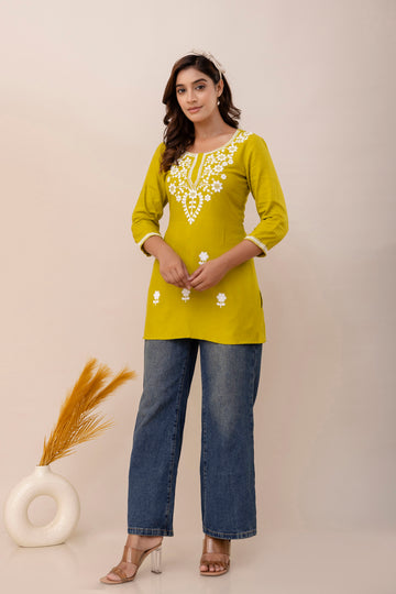 Lime Rayon Hip Length Round Neck A-Line Top