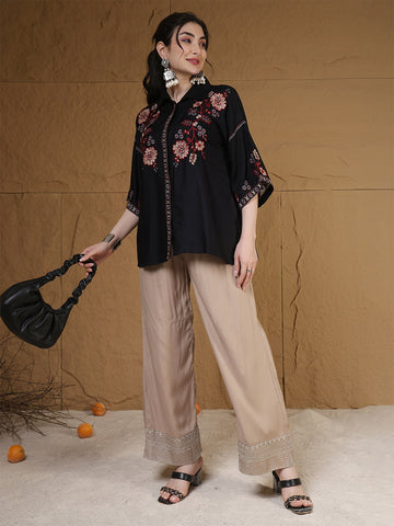 Black Rayon Hip Length Solid 3/4 Sleeves Shirt Collar Flared Top
