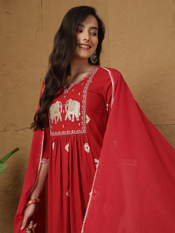 Red Rayon Calf Length Printed 3/4 Sleeves Round Neck Semi-Flared Kurta Suit Set