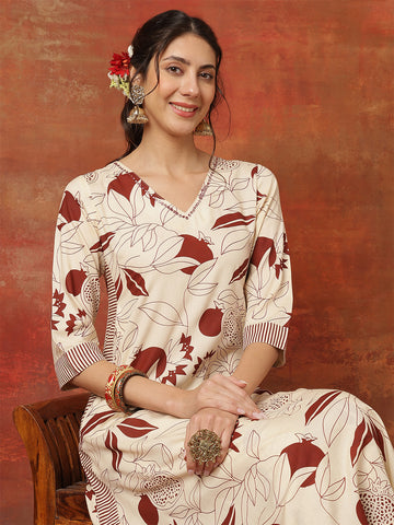 Maroon Rayon Calf Length Printed 3/4 Sleeves V-Neck Straight Kurta Suit Set