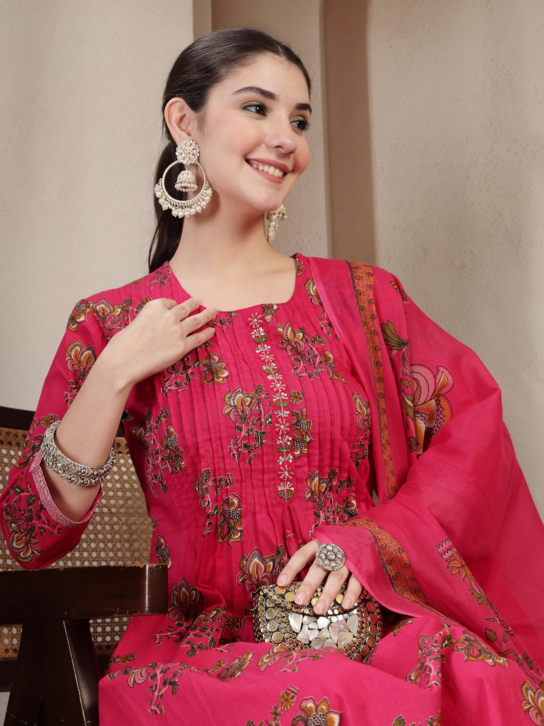 Pink Cotton Calf Length Printed 3/4 Sleeve Round Neck A Line Kurta Suit Set