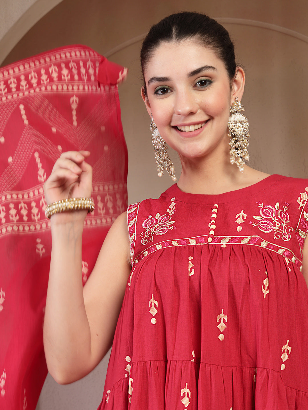 Coral Cotton Calf Length Printed Sleeveless Round Neck Flared Kurta Suit Set