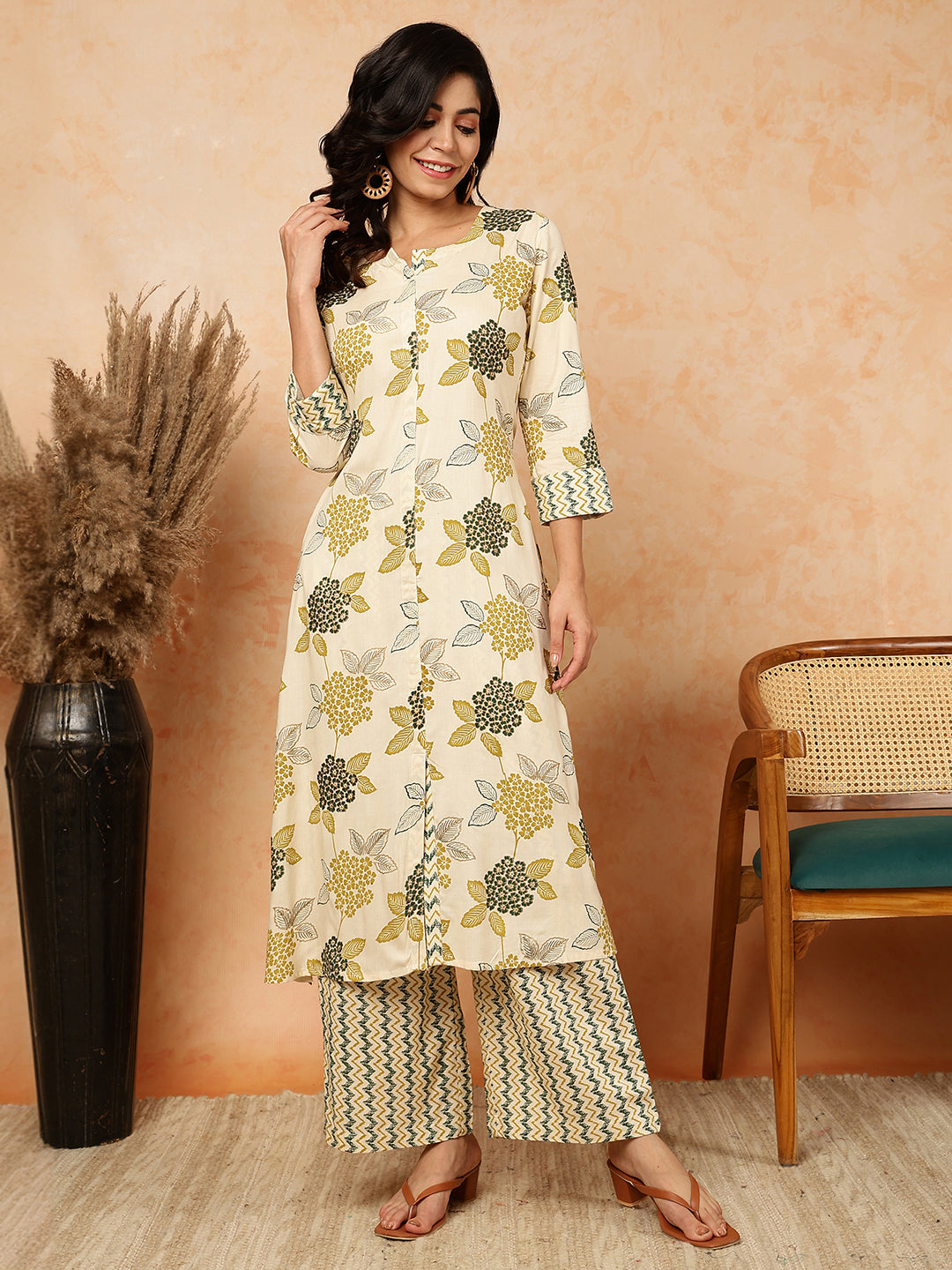 Rayon  Calf Length Printed Straight 3/4 Sleeves Round Kurta Bottom Set