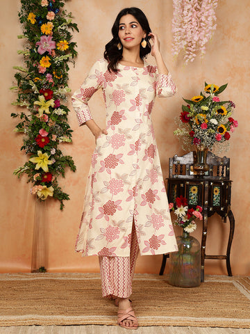 Rayon  Calf Length Printed Straight 3/4 Sleeves Round Kurta Bottom Set