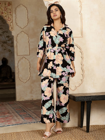 Cotton Hip Length Printed Straight 3/4 Sleeves Collar Neck Kurta Bottom Set