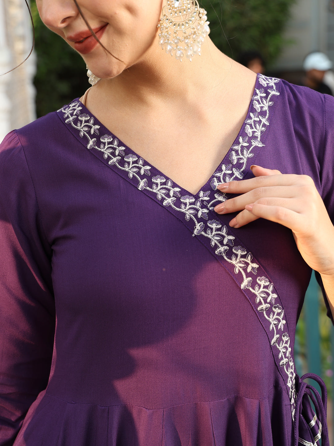 Rayon Calf Length Printed Flared 3/4 Sleeves V-Neck Kurta Suit Set With Dupatta