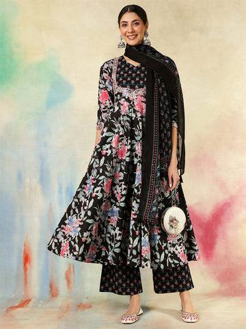 Kimayra black cotton printed kurta suit set – wholesale manufacturer & exporter from India