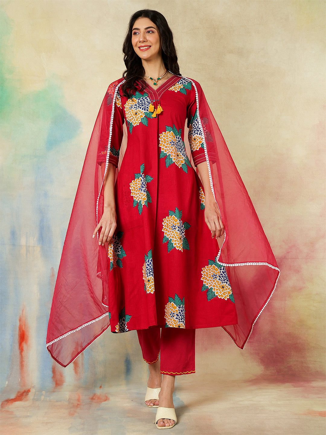 Kimayra red rayon printed kurta suit set wholesale manufacturer & exporter from India