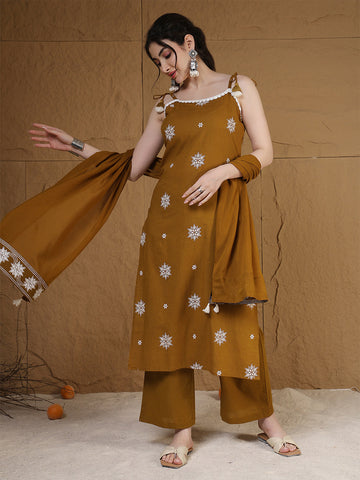 Rayon Calf Length Printed Sleeveless Round Neck Straight Kurta Suit Set With Dupatta