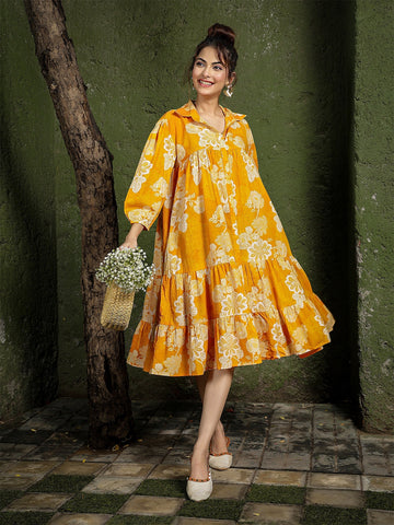 Cotton Knee Length Printed 3/4 Sleeve Shirt Collar Flared Dress