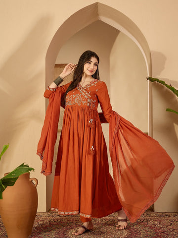 Cotton Calf Length Solid 3/4 Sleeve V-Neck Anarkali Kurta Suit Set With Dupatta