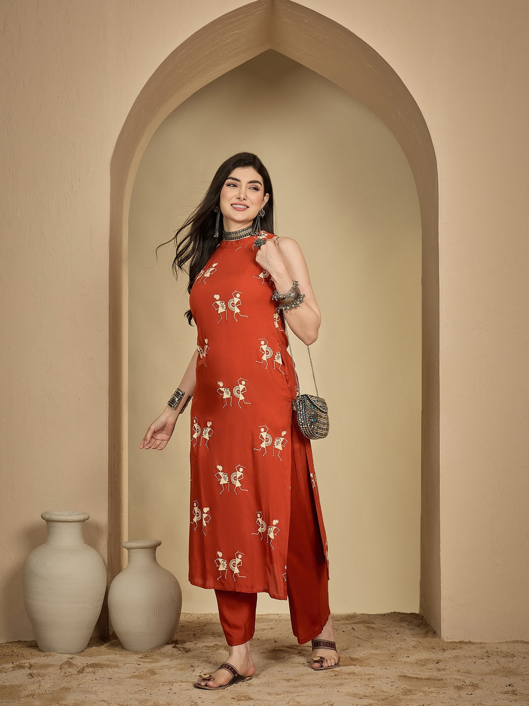 Rayon Calf Length Printed Sleeveless Round Neck A-Line Kurta Suit Set