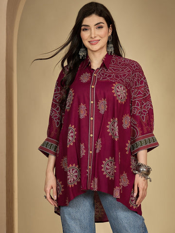 Rayon Hip Length Printed 3/4 Sleeve Shirt Collar Flared Top
