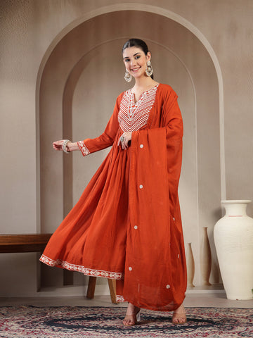 Cotton Calf Length Solid 3/4 Sleeve Round Neck Flared Kurta Suit Set With Dupatta