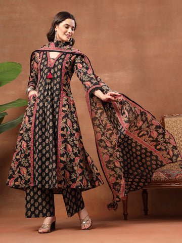 Flared Printed Cotton V-Neck Kurta Set With Dupatta