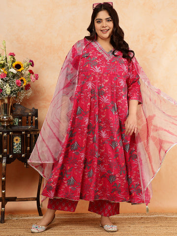 Cotton Calf Length Printed Semi-Flared 3/4 Sleeves V-Neck Kurta, Bottom With Dupatta
